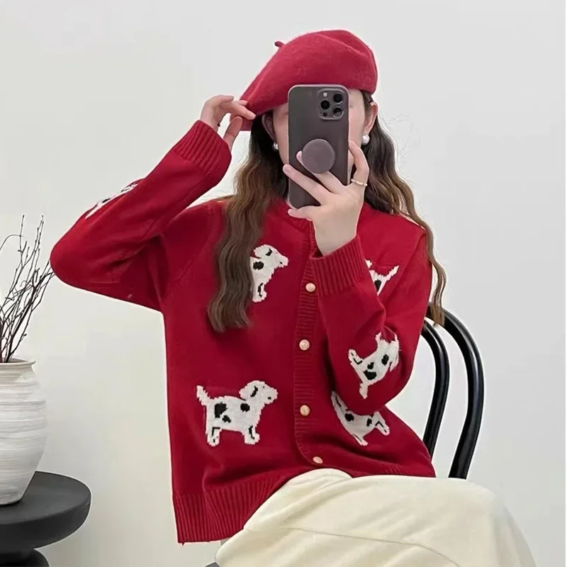 Autumn Winter New Fashion Dog Jacquard Wool Knitted Cardigan Women\'s Clothing Loose O-neck Thick Warm Basic Sweater Soft Tops