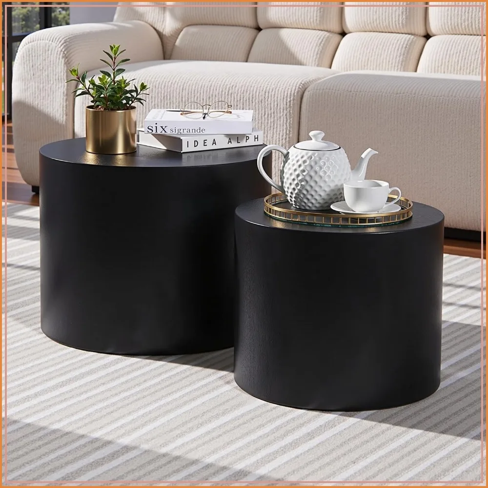 Nesting Coffee Table Set of 2, Modern Round Wooden Accent Tables for Small Spaces, Black