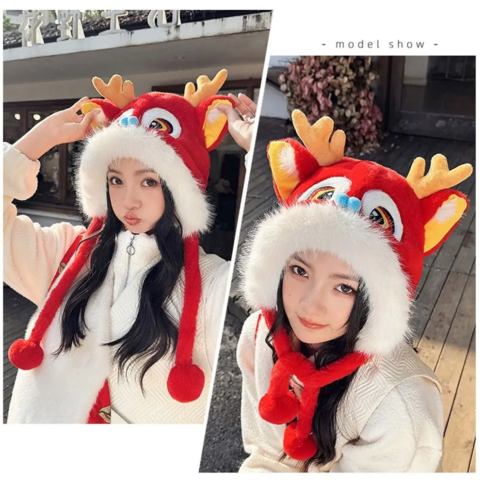 Ear Muffs Lion Dance Beanies Hat Tassels Lace Up Winter Plush Warm Hat Cute Thickened New Year Pullover Cap New Year Gift