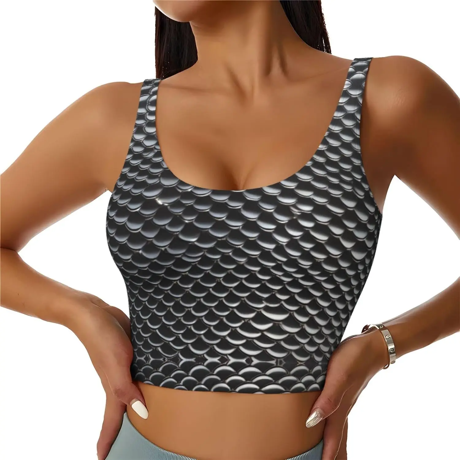 Silver fish scale Printed Women's Sports Vest for Yoga Workout Fitness - Casual Sleeveless for Athletic Girls, Black, Large