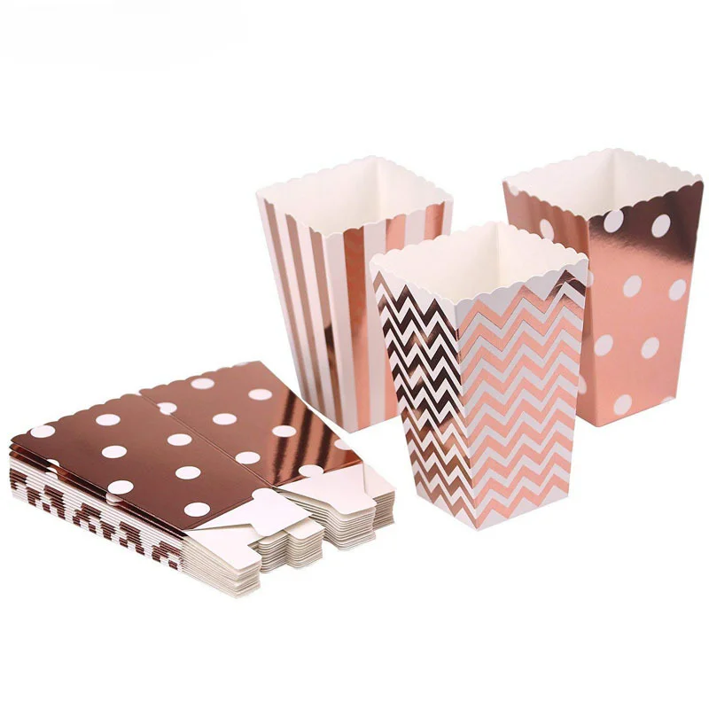 12pcs Popcorn Boxes Rose Gold Stripe Candy Bag for Movie Supplies Baby Shower Wedding Birthday Dessert Tables Party Tableware