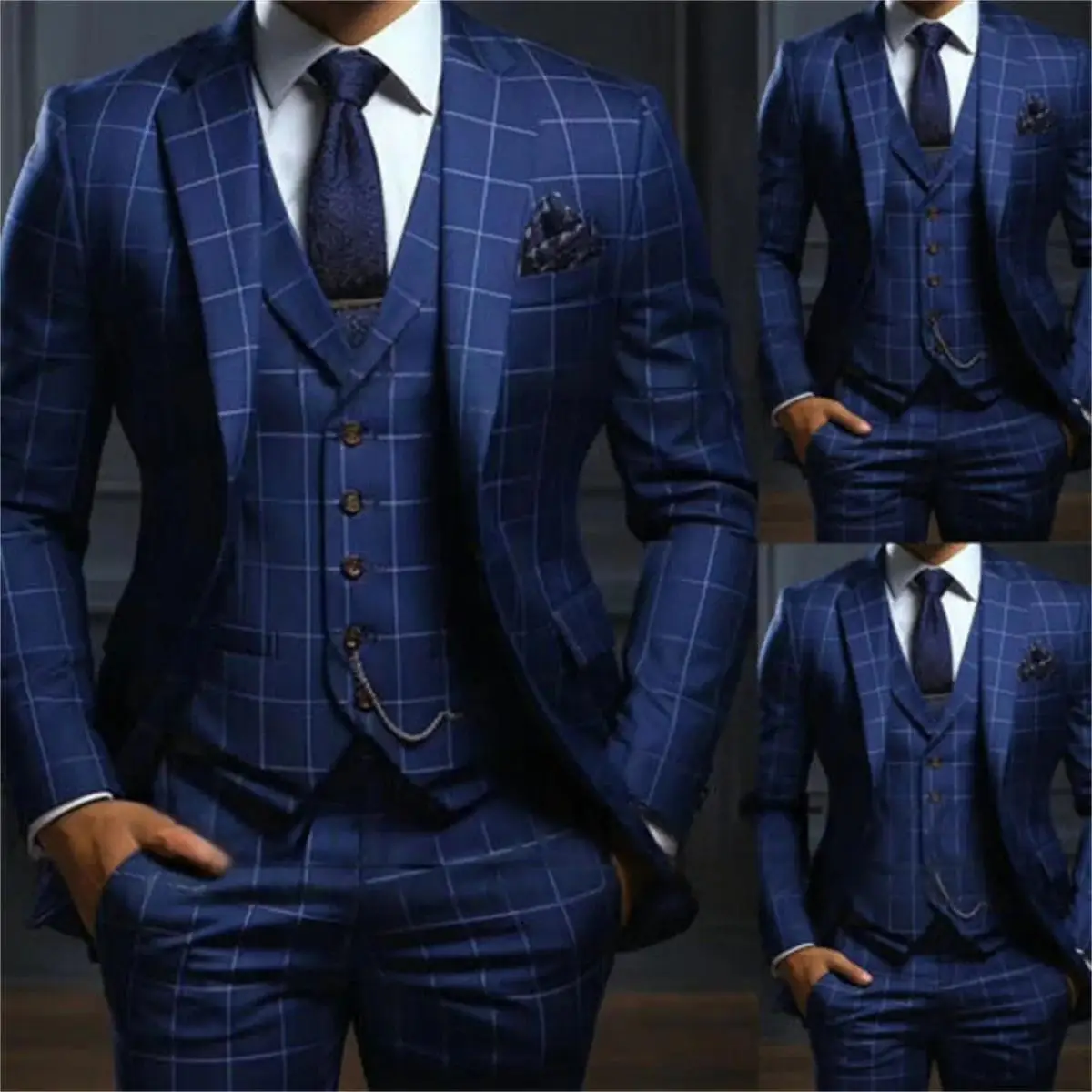 

Navy Blue Plaid Luxuly Men Suits Slim Fit Notched Lapel Groom Formal Tuxedos Prom 3 Pcs Sets Business Male Blazer Costume Homme