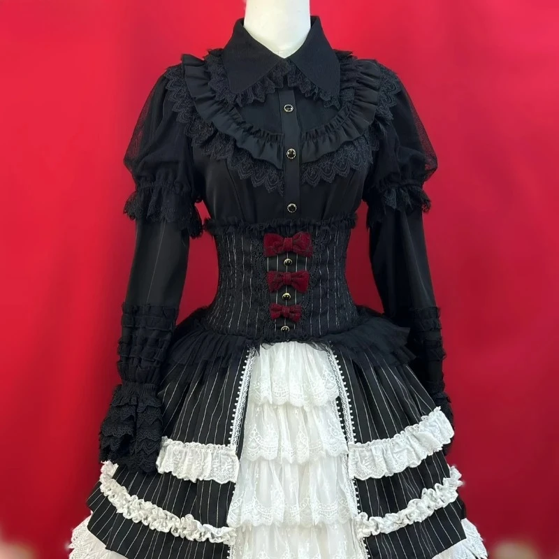 Japanse Gothic Y2k Lolita Stijl Shirts Vrouwen Vintage Elegante Afneembare Lange Mouwen Blouses Victoriaanse Zoete Ruches Slim Tops