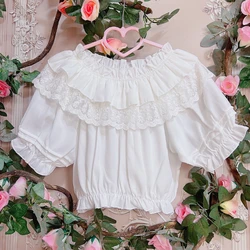 Sweet Lolita Blouses Women Cute Lace Ruffles Undershirt Short Sleeve Off Shoulder Girls Shirt Chiffon Crop Top Chic Loli Clothes