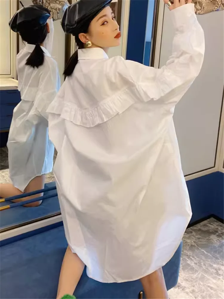 

Стильная женская блузка оверсайз в стиле BF, базовая простая белая рубашка, новинка весны 2026, ретро с рюшами, с длинным рукавом, повседневная свободная удлиненная модель