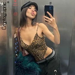 Cryptographic Leopard Animal Print Bodysuits Outfits for Women Sexy Backless Sleeveless Skinny High Rise Tops One Piece Teddy