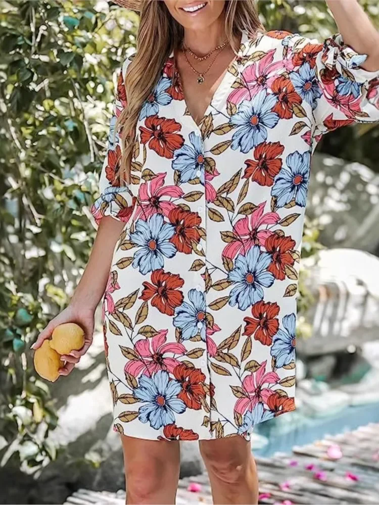 CPSYMYM  Fashion Floral Print Button Bikini Shirt Cover Up For Women Loose Holiday Chiffon Beach Dress Summer Casual Dress Beach