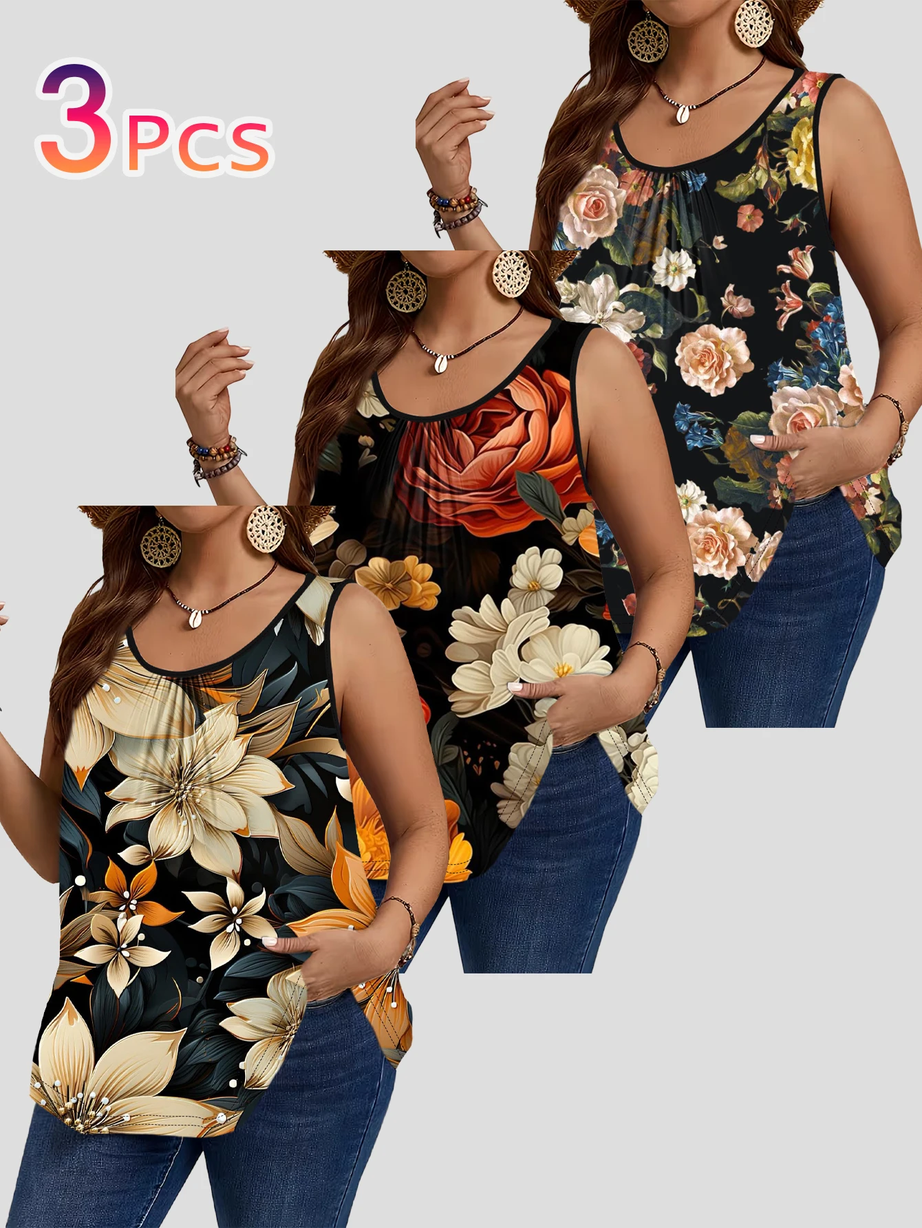 3-Piece Set of Plus-Size Sleeveless Vests with Black Background, Oil Painting Style, Vintage Rose Floral Print, Elegant and Slimming Loose-Fitting Camisole Top 3