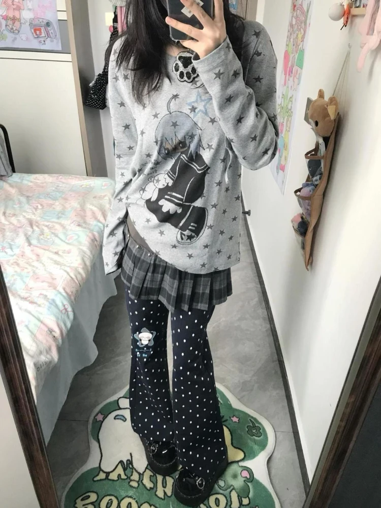 

HOUZHOU Y2k Gray Graphic Juminocore Women Hooded T-Shirts Harajuku Aesthetic Long Sleeve Japanese Fashion Tees Oversized Casual