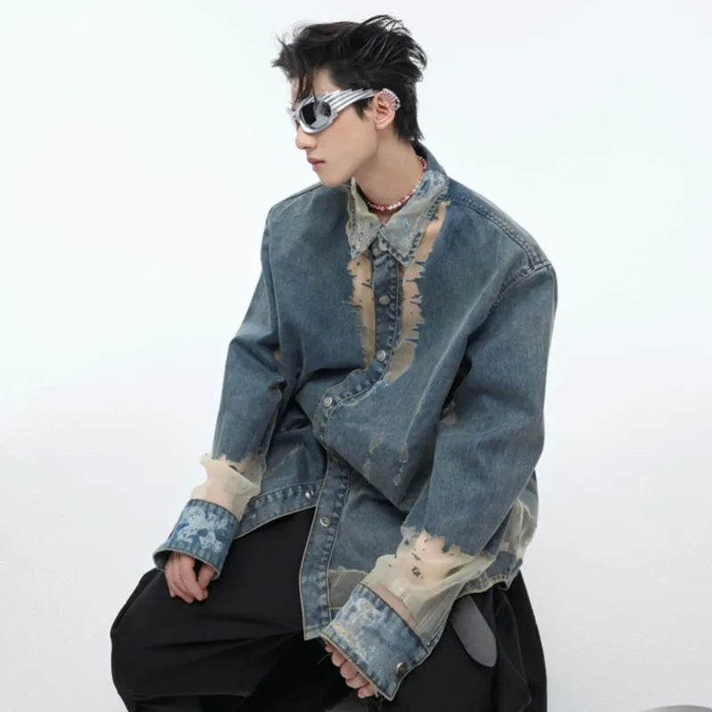 IEFB Men Shirt Niche Hollowed Out Design Denim Shirts Lace Patchwork Top Single Breasted Turn-down Collar Male Tops 24E1006