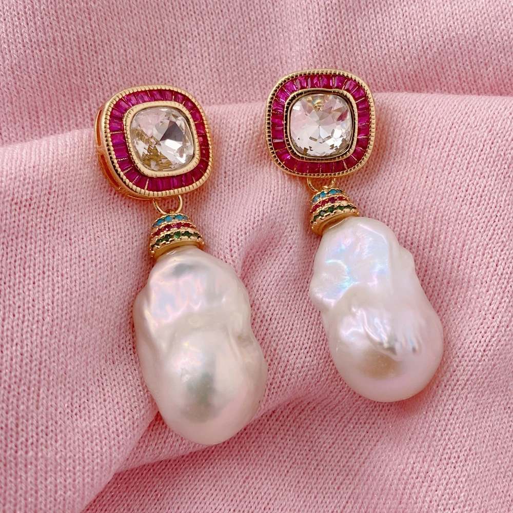 

kkGEM 16x25mm pink Nucleated Flameball Baroque Pearl Dangle Drop Earrings Fashion Cz Square Stud Earring Designer Jewelry