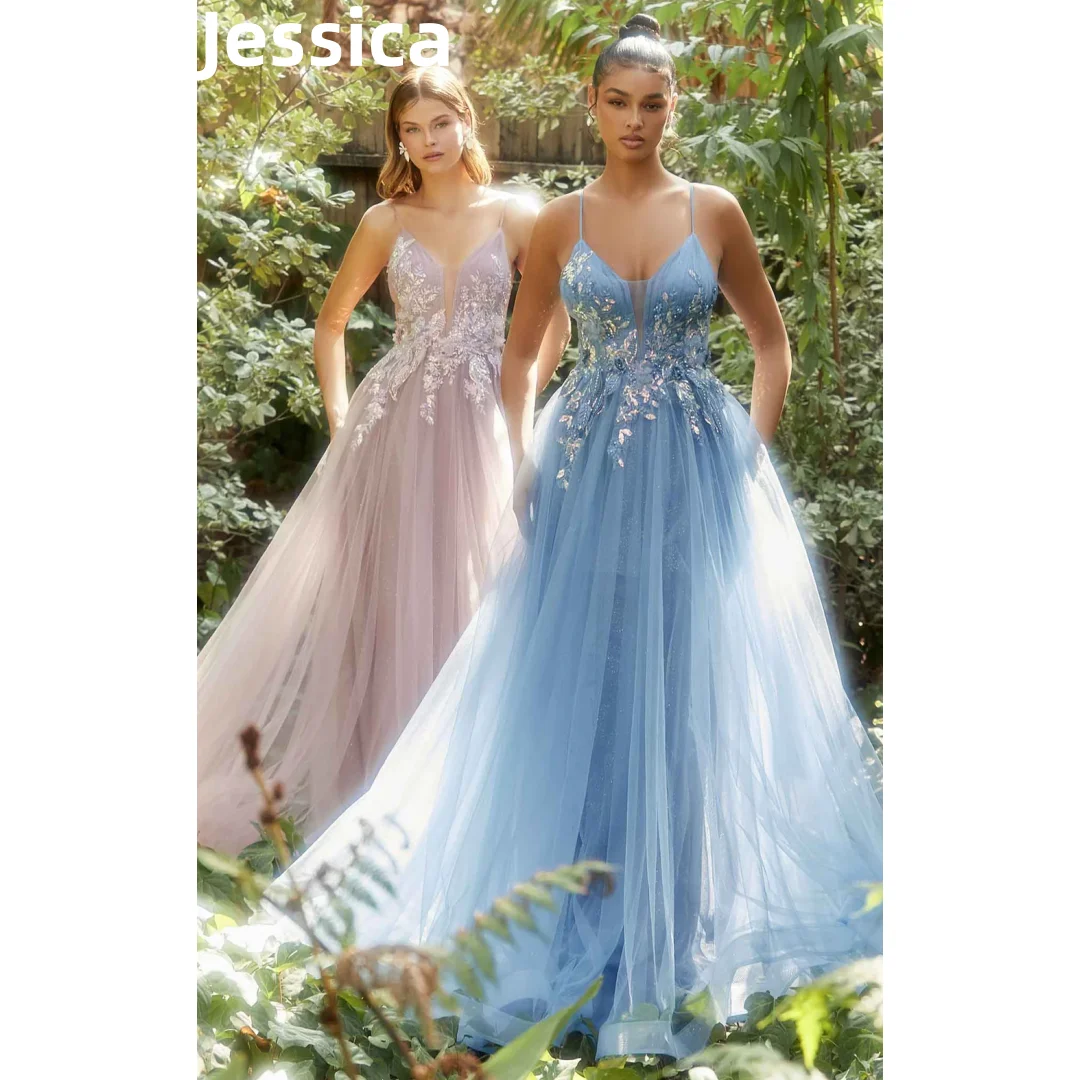 

Jessica 3D Decal Fairy Prom Dresses Glitter Tulle Blue Evening Dresses A-Line Princess Wedding Party Dresses 2024Wedding Dress