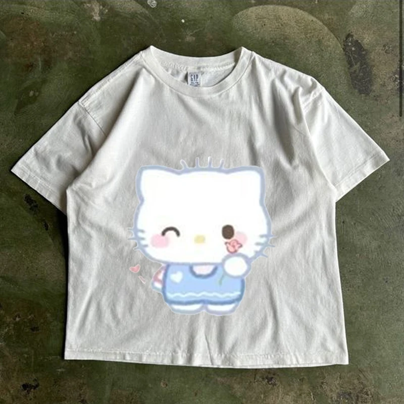 Summer New American Retro T-shirt Kawaii Sanrio Anime Hellokitty Y2k Short Sleeves ​Cartoon Casual Clothing Cotton Top