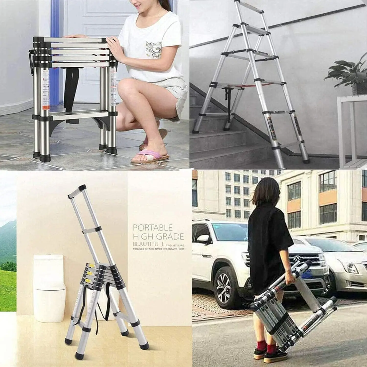 Dagplus Telescopische Ladder, Draagbare Opstap Aluminium Verlengladder, A-Frame Multifunctionele Antislip Uitschuifbare Zolderladder Em131