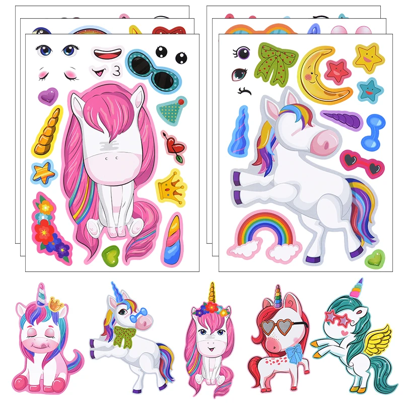 6Sheets Cartoon Unicorn Puzzle Stickers Funny DIY Assemble Pony Face Stickers Kids Girls Favors Jigsaw Toys Game Birthday Gifts