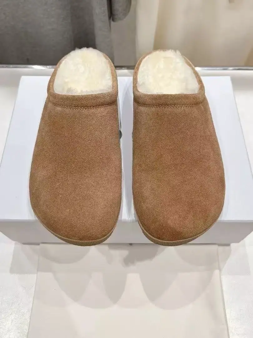 شباشب نصف مسطحة من جلد الغزال والصوف الشتوي للنساء، أحذية منزلية كاجوال دافئة، أحذية مريحة للنساء