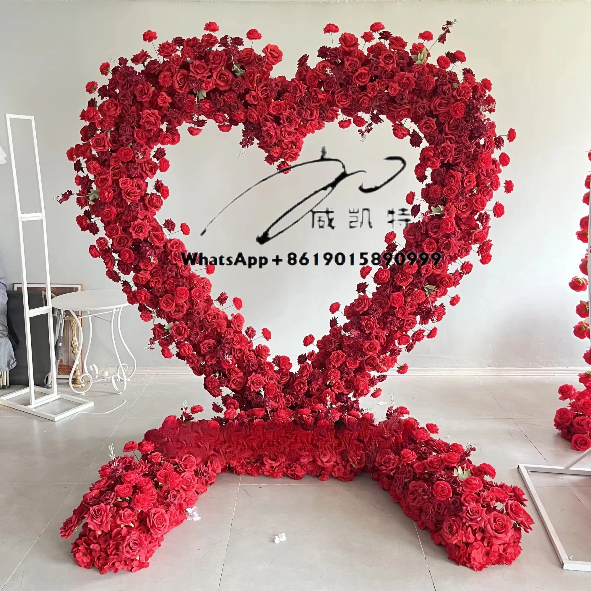Wedding Backdrop Stage Valentine Decorations Marriage Proposal Red Roses Artificial White Flowers Heart Arch with Flowers