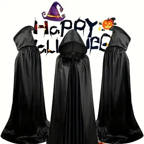 Halloween Cloak Soft Unisex Hooded Black Robe Witch Long Cape Cosplay Costume Prop Party Performance Supplies Holiday Decoration