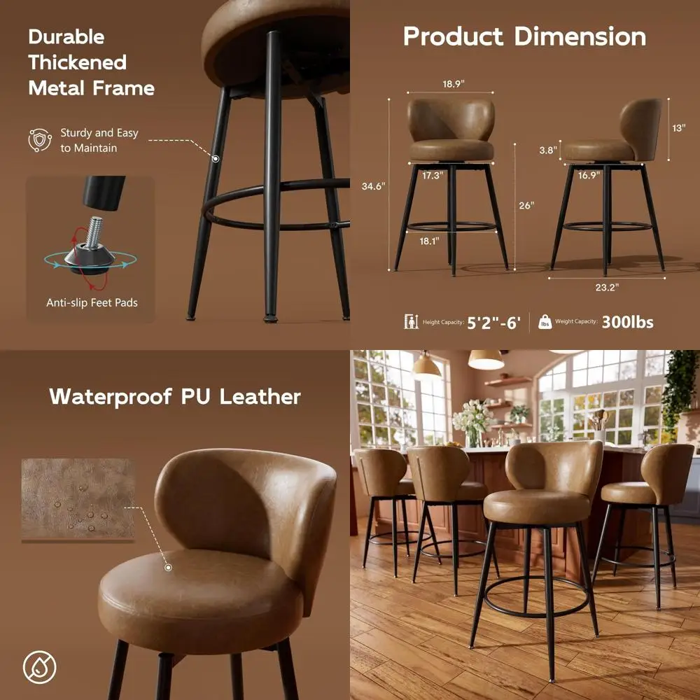 

Набор из 4-х кожаных барных стульев с поворотным механизмом, высотой 26 дюймов, со спинкой и металлическими ножками, подходят для кухонного острова, домашнего бара, обеденной зоны.