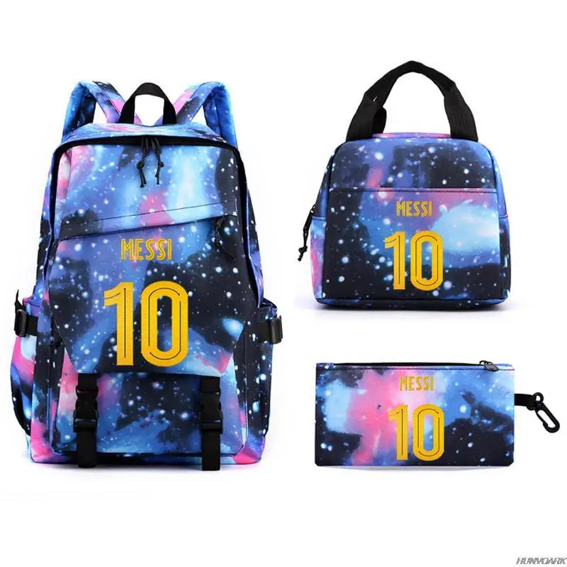 New 3pcs Messi Backpack Laptop Student School Bags Teens Girls Boys Schoolbag Book Bags Pencil Case Women Men Travel Mochilas