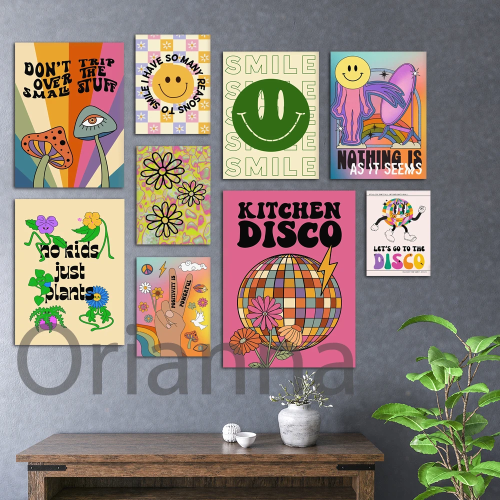 

90's Aesthetic Smiley Face Print-Retro Art,Y2K Wall Art Painting,1970s 1960s, Acid Trip,Trippy Hippie, Psychedelic Art,Y2K Decor