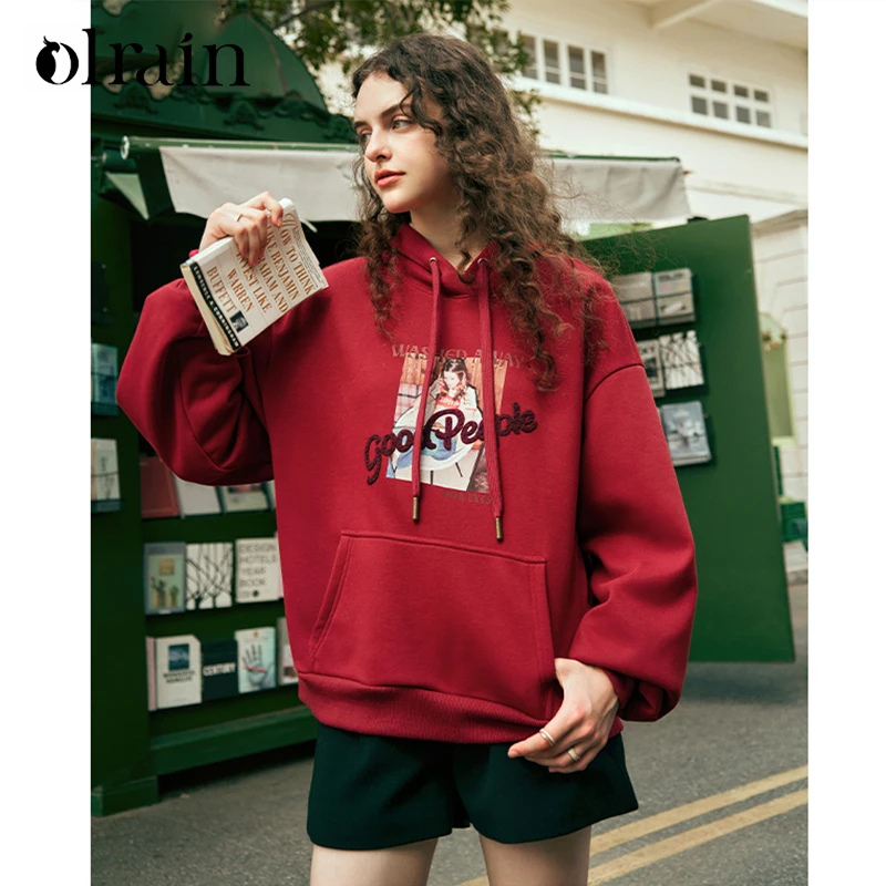 OLrain Hooded Loose Sweatshirts Women's Autumn 2026 New Fashion Casual Fleece Top Commute Pocket Printing Pullovers O23DR88319