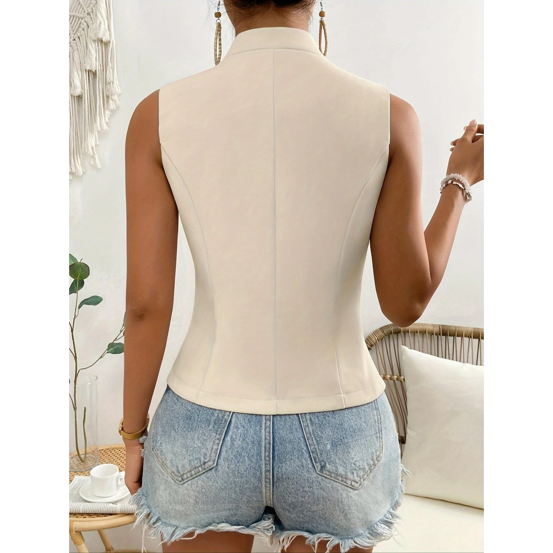 Fashionable Pure Color Ladies Vest Button Front Suit Jacket Elegant Style Long Length V-Neck Polyester Material Summer New