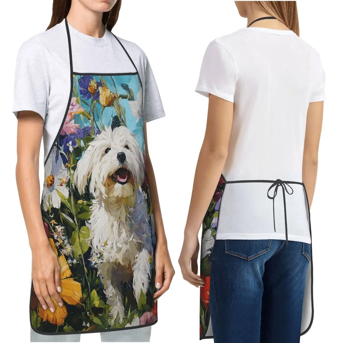 A Havanese Playing In A Vibrant Flower Garden, Dogs In Motion Apron Chef Cooking Baking Tablier Bib Kitchen Cleaning Pinafore