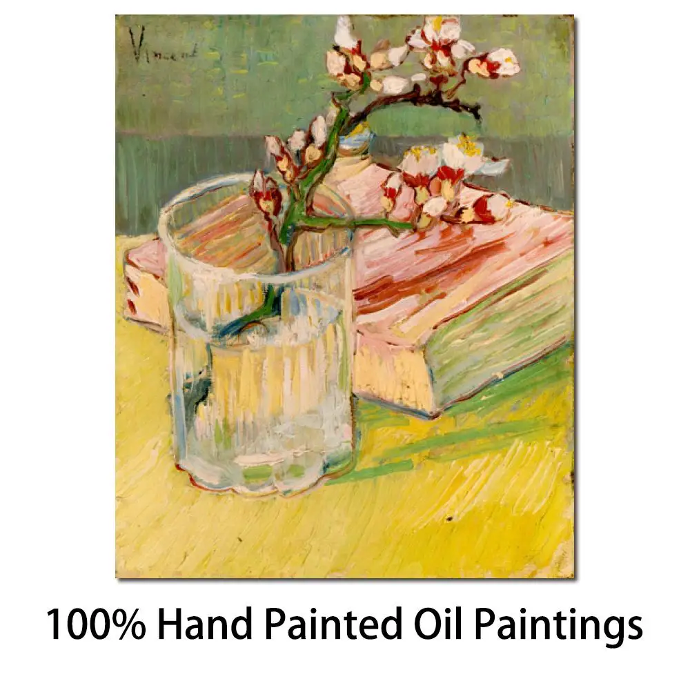 

Flower Canvas Wall Art Blossoming Almond Branch in Glass Handmade Vincent Van Gogh Painting Famous Modern Artwork for Bathroom