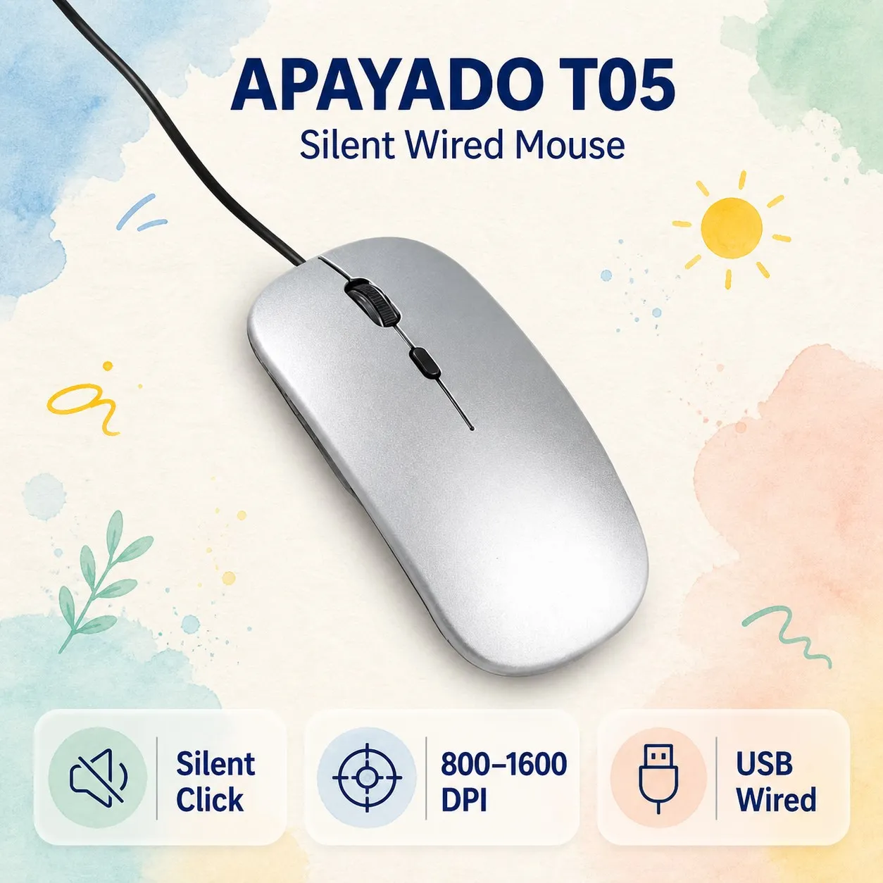 APAYADO T05 4-Button USB Wired Mouse for Home and Office, Three DPI Levels 800/1200/1600, Quiet Main Clicks, 145cm Cable