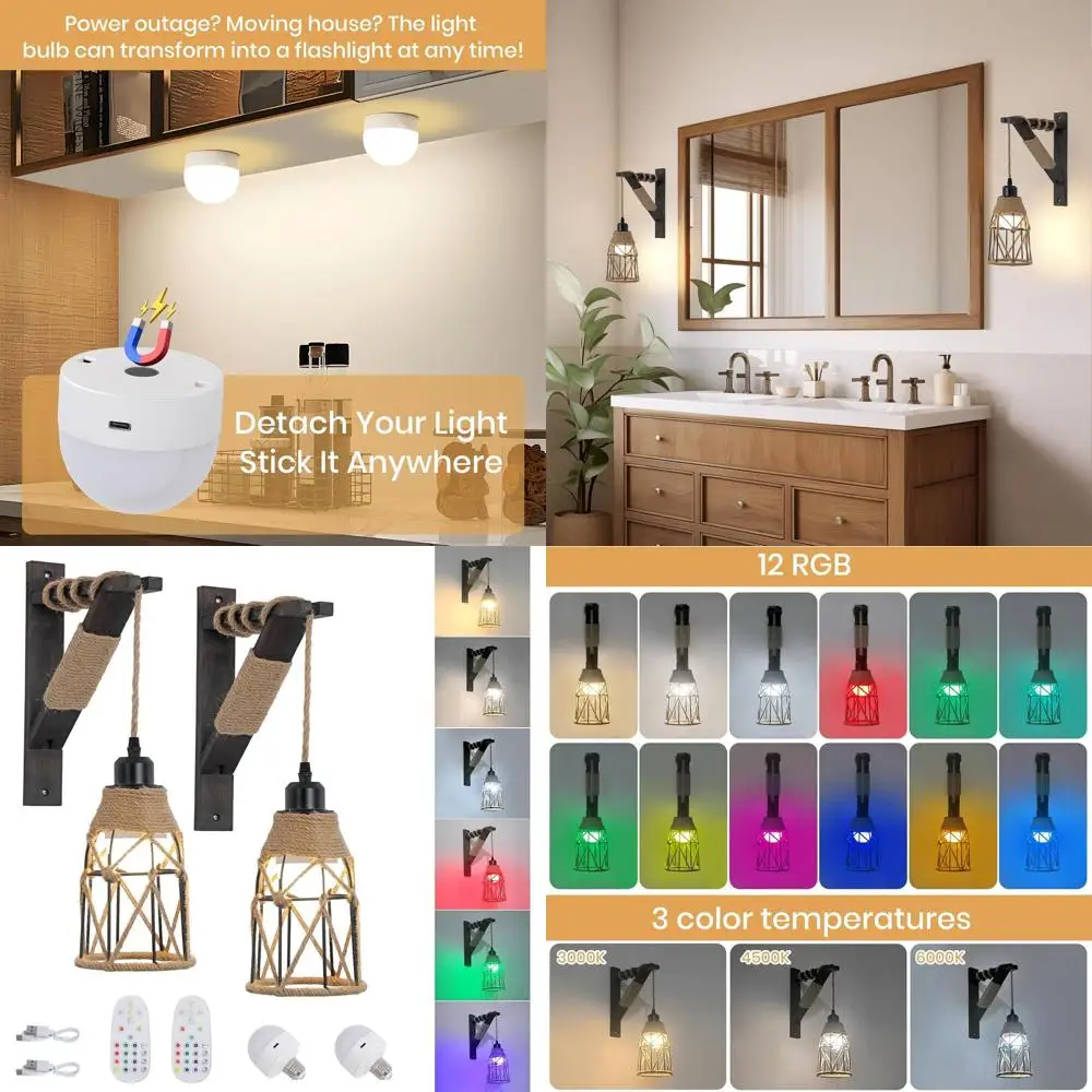 

Set of 2 Rechargeable Wireless RGB Wall Sconces with Remote, Dimmable for Home Decor