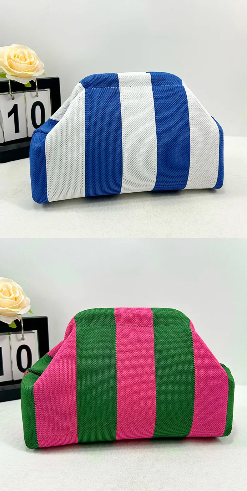 Sommer-Strand-Clutch für Damen, gewebte Häkel-Handtaschen, Geldbörsen, Stricken, Knödel-Clutch, gerüscht, niedliche Wolke, lässige Colorblock-Tasche – Detail 1
