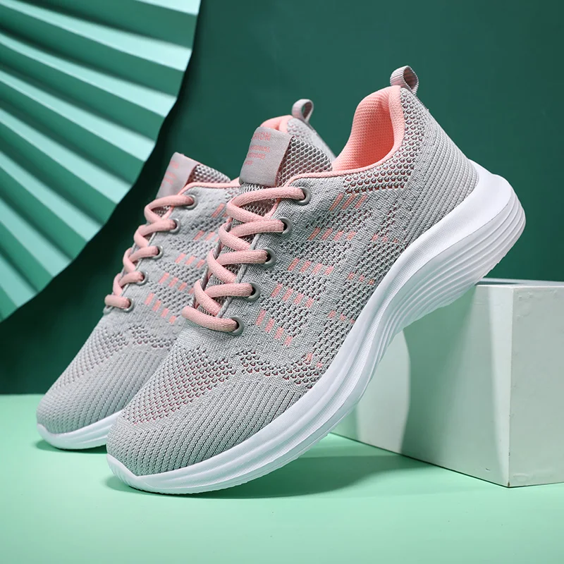 Women's Breathable Comfortable Athletic Casual Sneakers Ladies Non-Slip Fitness Shoes Autumn Flying Woven Sports Running Shoes