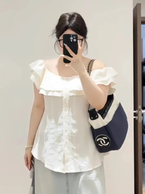 

Slim Fit One oulder irt Women's Korean Sle Commute Pure Color Big Size Fat MM Pure Desire Lotus Le Summer New