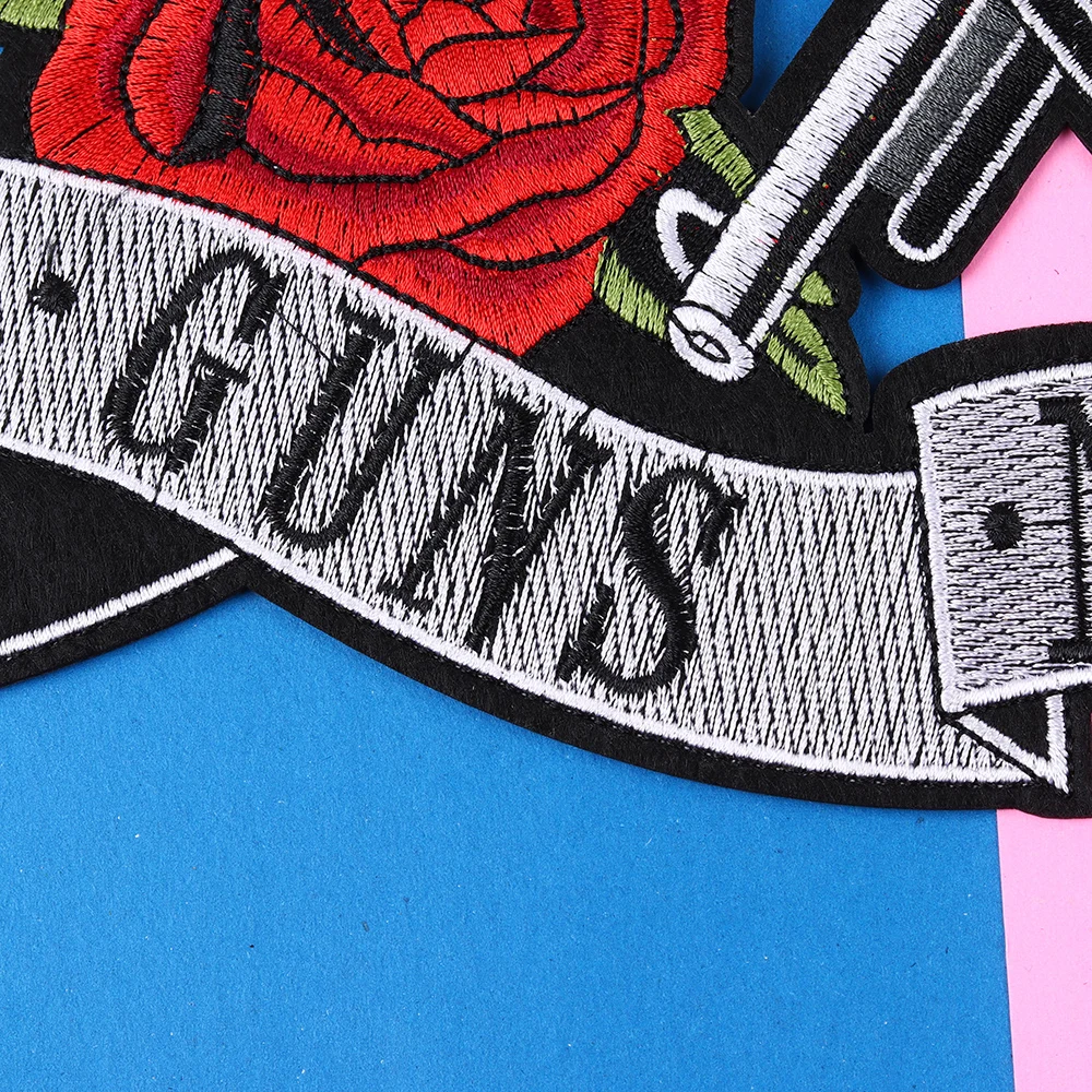 Punk Double Guns Roses Skull Iron On Embroidery Patches Biker Stickers Clothes Embroidery Jacket Motorcycle Backpack Big Patches