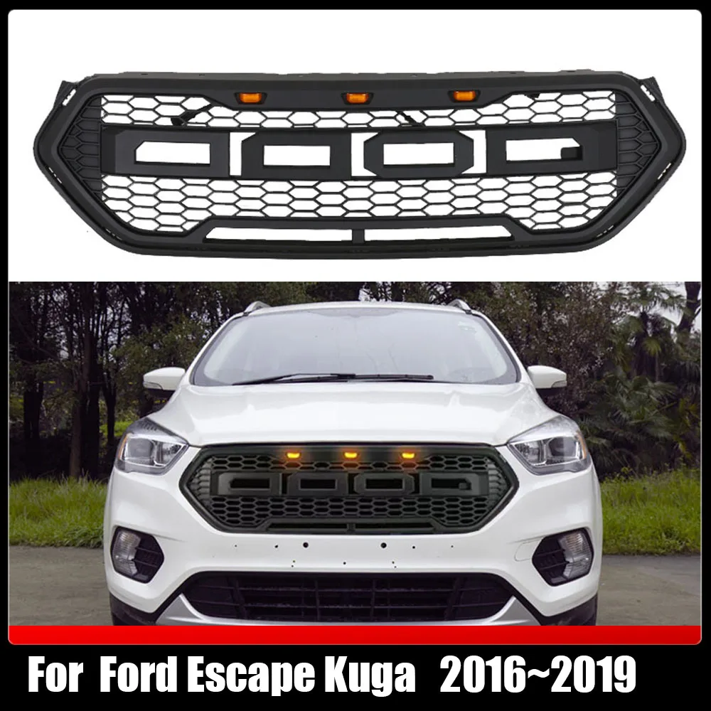 For Ford Escape Kuga 2016~2019 Matte Black Or Grey Grille ABS Front Bumper Mask Mesh LED Racing Grills Upper Grid