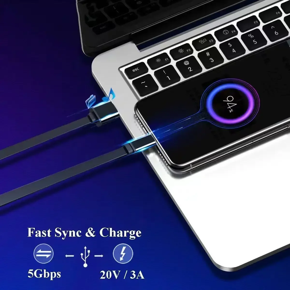 Flat USB to Type-C Data Cable, PD Fast Charging, Compatible with USB-C, Ultra-Thin Flat Type-C Data Cable