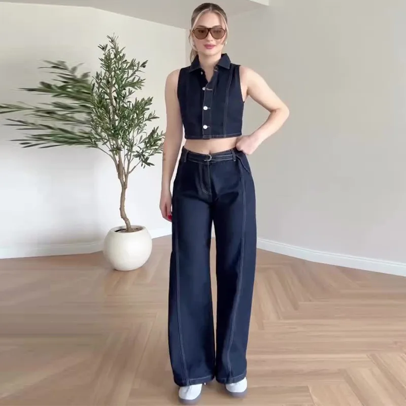 

2026 Spring Summer Streetwear Denim Women Suits Fashion Vintage Single Breasted Sleeveless Vests Chic Sashes Flare Pants
