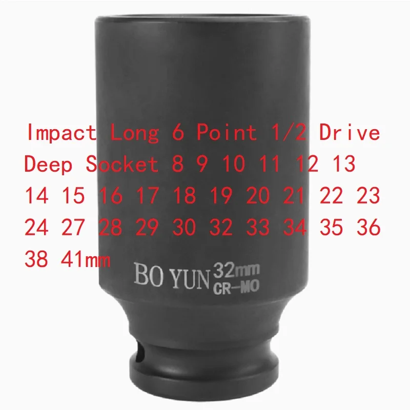 

Impact Long 6 Point 1/2 Drive Deep Socket 8 9 10 11 12 13 14 15 16 17 18 19 20 21 22 23 24 27 28 29 30 32 33 34 35 36 38 41mm