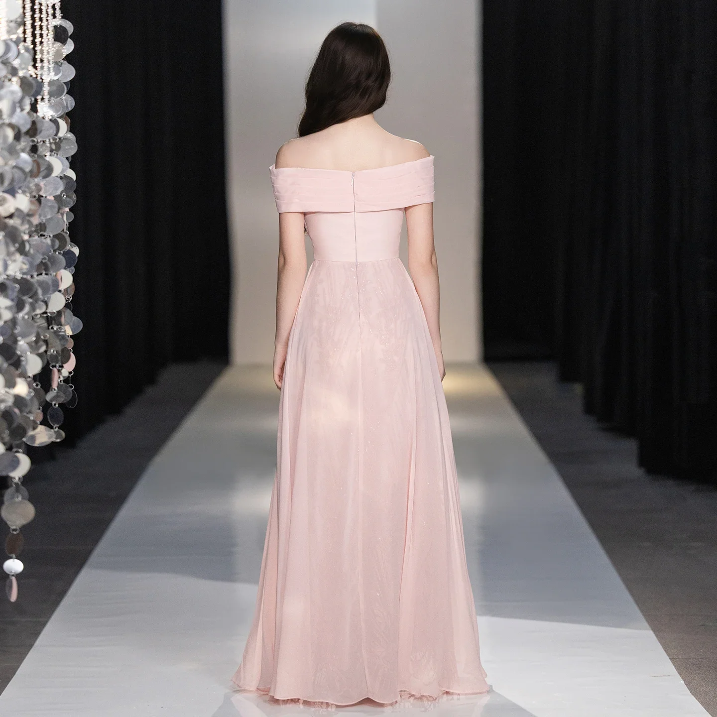Blush Pink Off Shoulder Evening Dress Embroidered Sequins Fitted Sheer Chiffon Cape Train Floor Length Formal Gown Maxi