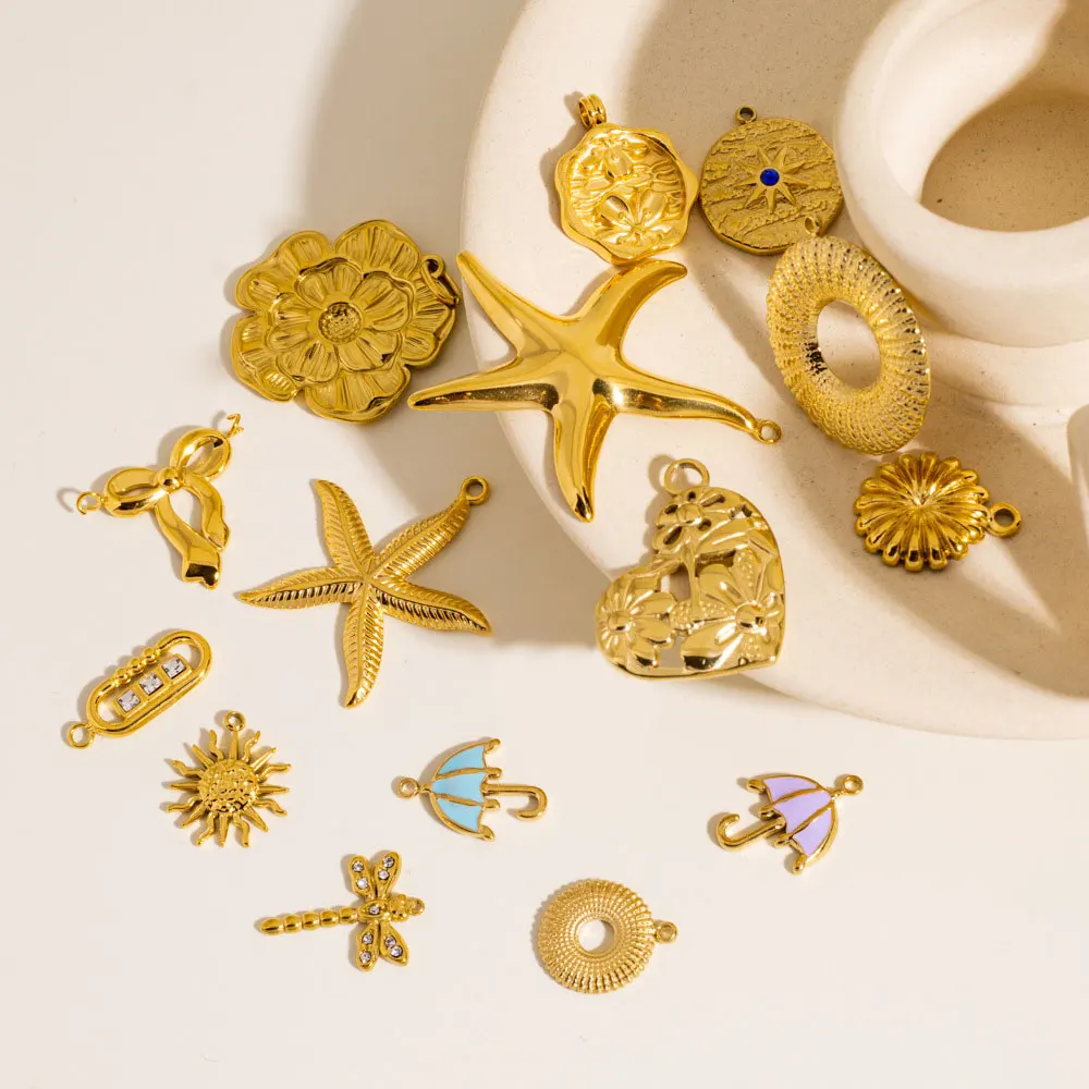3/2Pcs Stainless Steel 15Style Starfish Flower Heart Umbrella Sun Dragonfly Charms for DIY Necklace Bracelet Jewelry