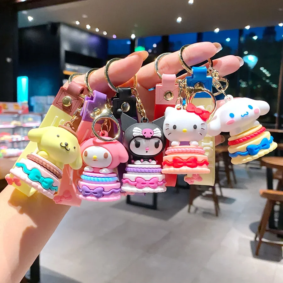 New Cute Sanrio Hello Kitty Melody Cinnamoroll Pom Pom Purin Cake Keychain Cartoon Key Ring Couple Bag Pendant Small Gift