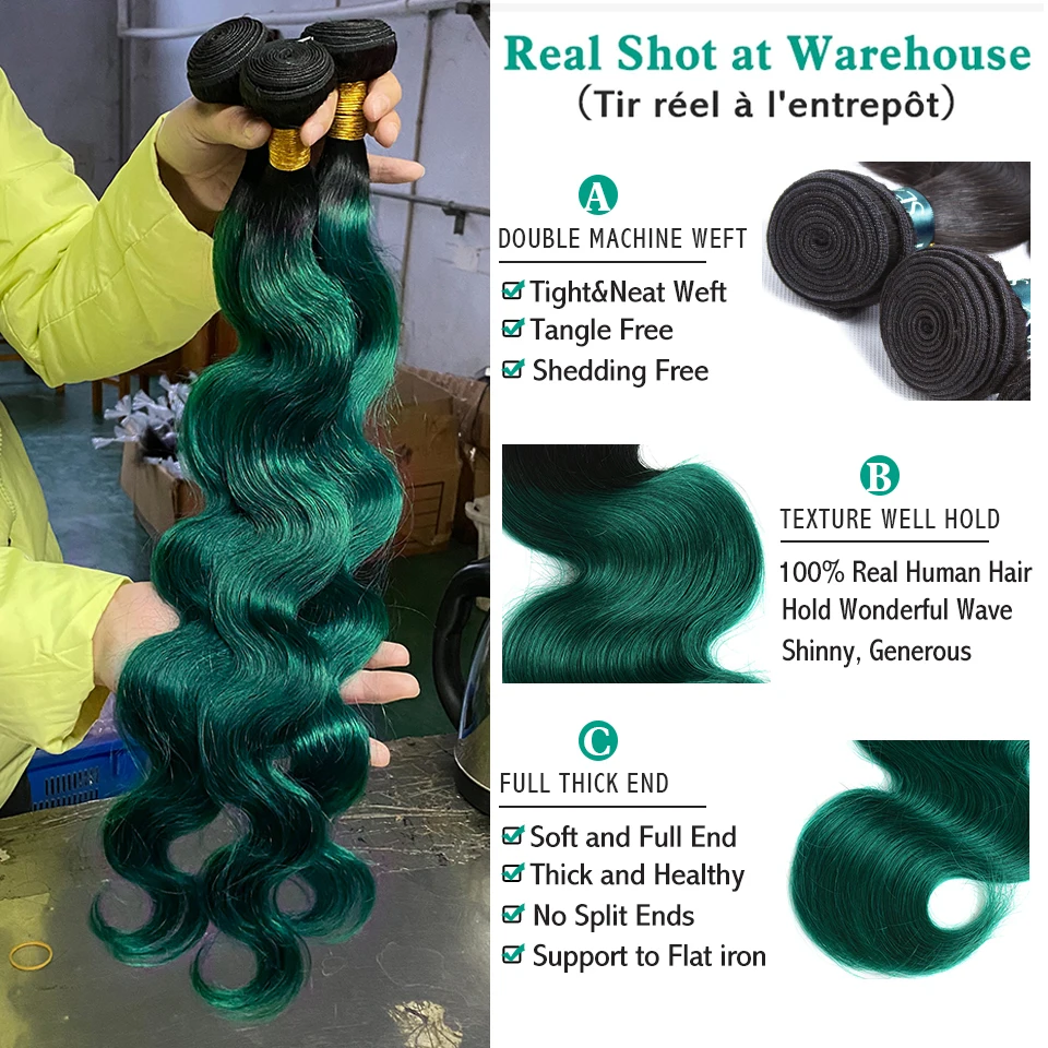 Ombre Turquoise Body Wave Human Hair Weave Bundles 1/3 Pcs 12-22 Inch 1B Green Pre Colored Human Hair Weft Extensions For Women