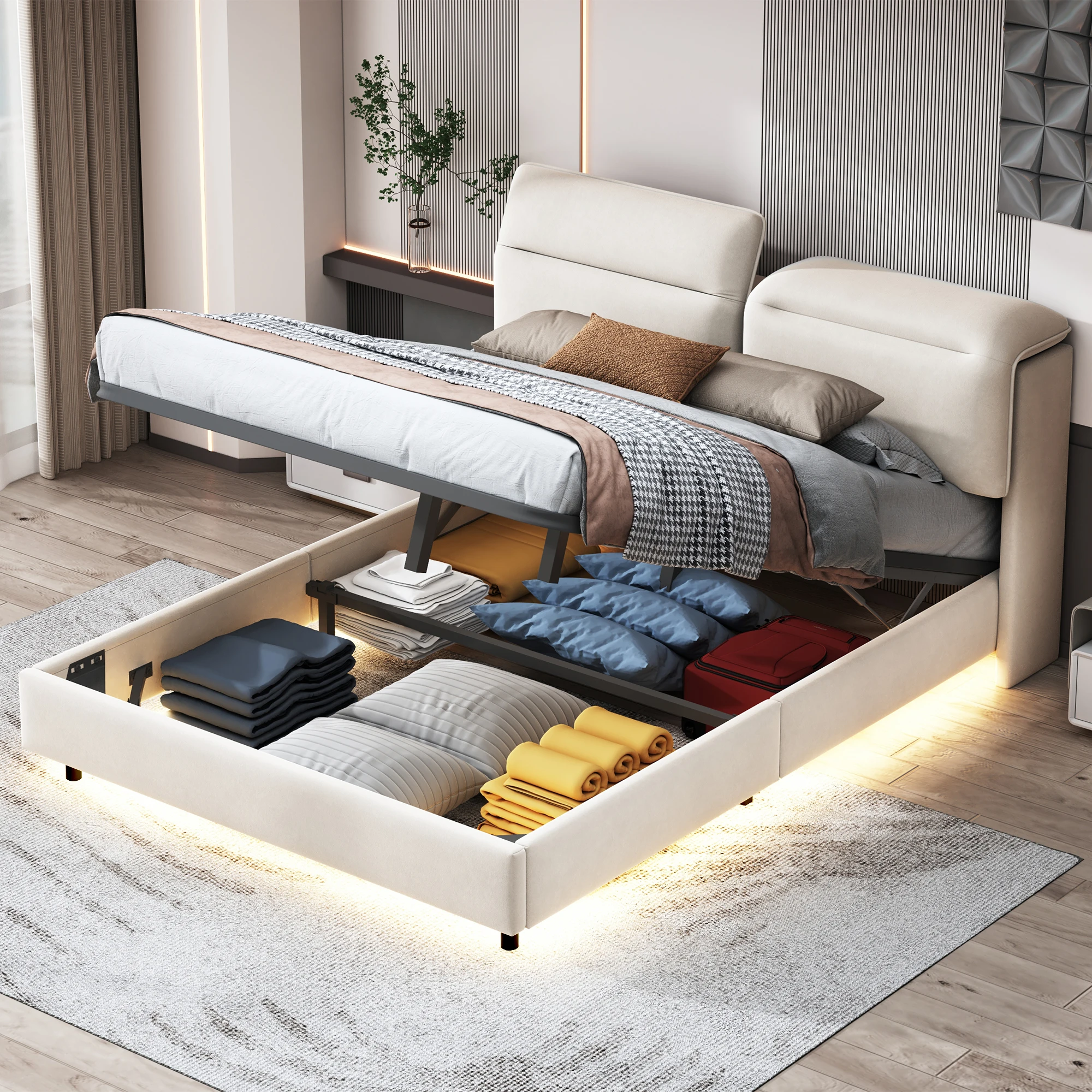 Storage Bed, Upholstered Bed, with LED Lighting, Under Bed Storage Space, Hydraulic Bed Frame and Slatted Frame, 140x200cm,Beige