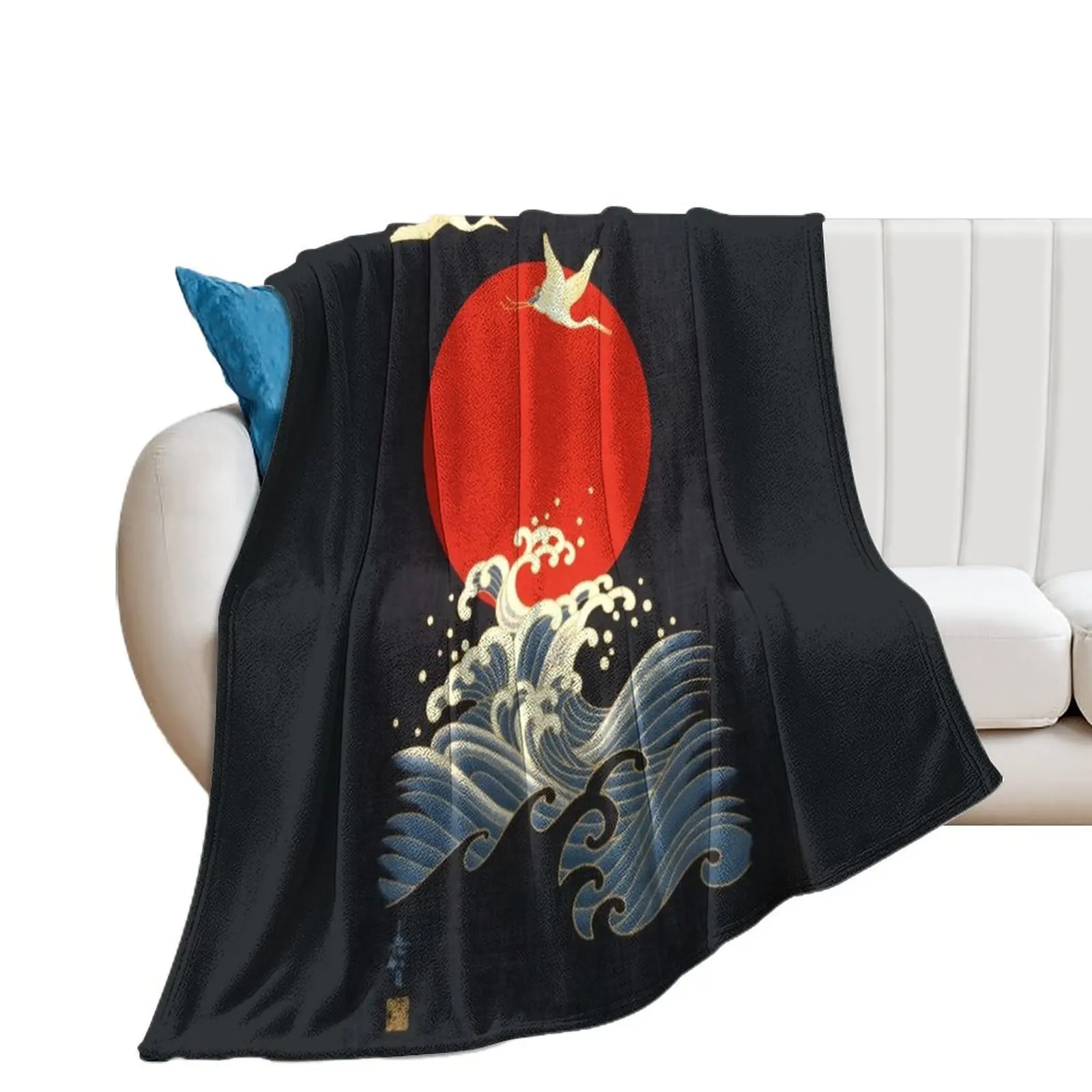 RED SUN ,FLYING CRANES AND SEA WAVES IN BLACK Throw Blanket decorative Thin manga anime Blankets