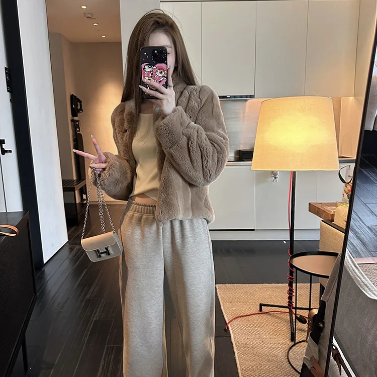 UMI MAO 한국산 렉스 토끼털 코트 여성용 루즈핏 편안한 심플한 청년 스타일 가을 겨울 신상 부드러운 리얼 퍼 자켓