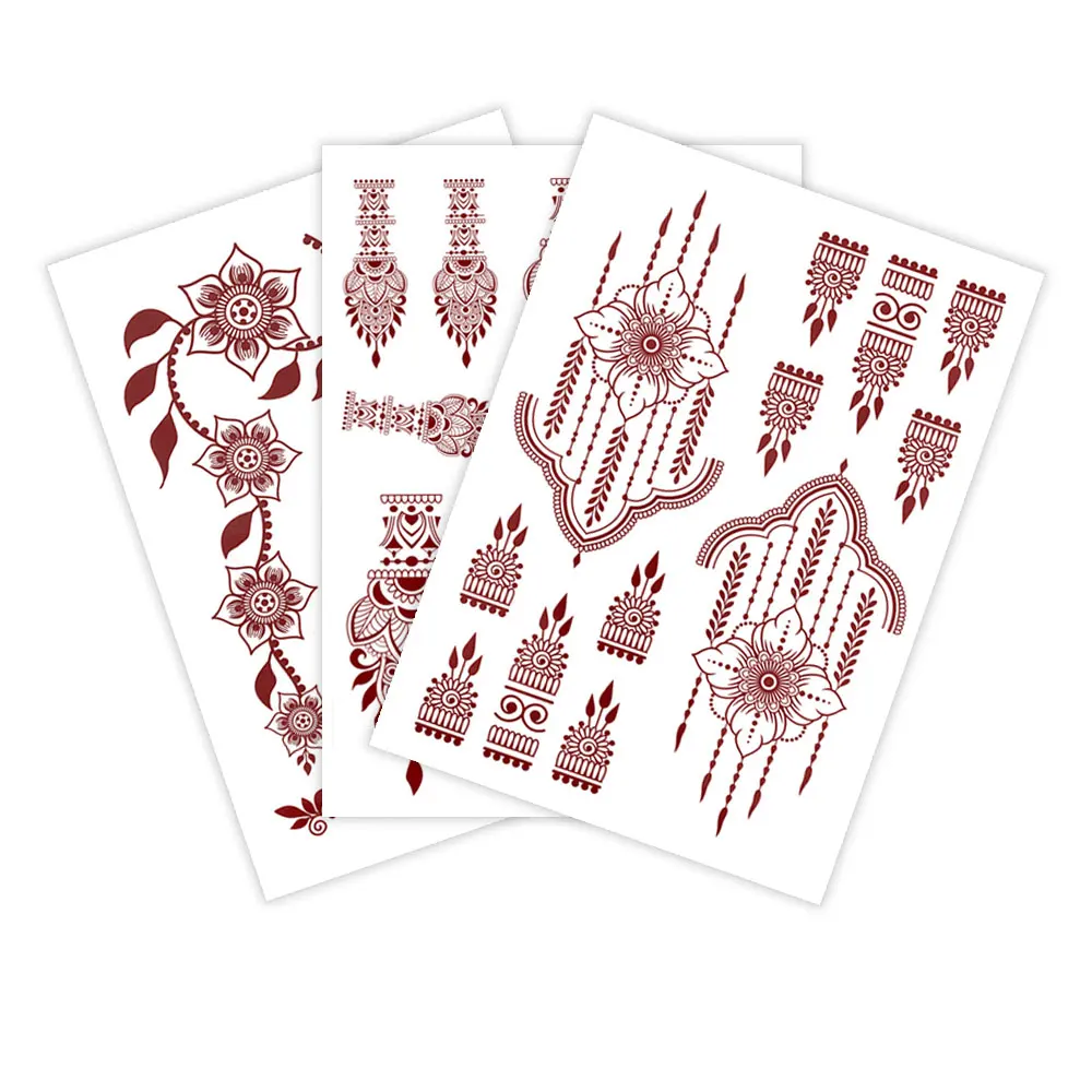 Maroon Henna Tattoo Stickers for Women Hand Body Decor Waterproof Fake Tattoo Body Art Temporary Tattoo for Wedding