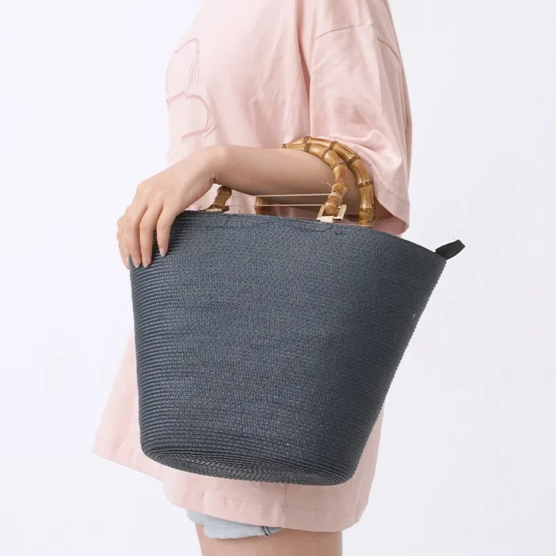 Casual Rattan PP Grass Hand-Woven HandBag Bamboo Handle Design Women's Large Capacity Tote Bag Summer Straw Beach Bag Feminina