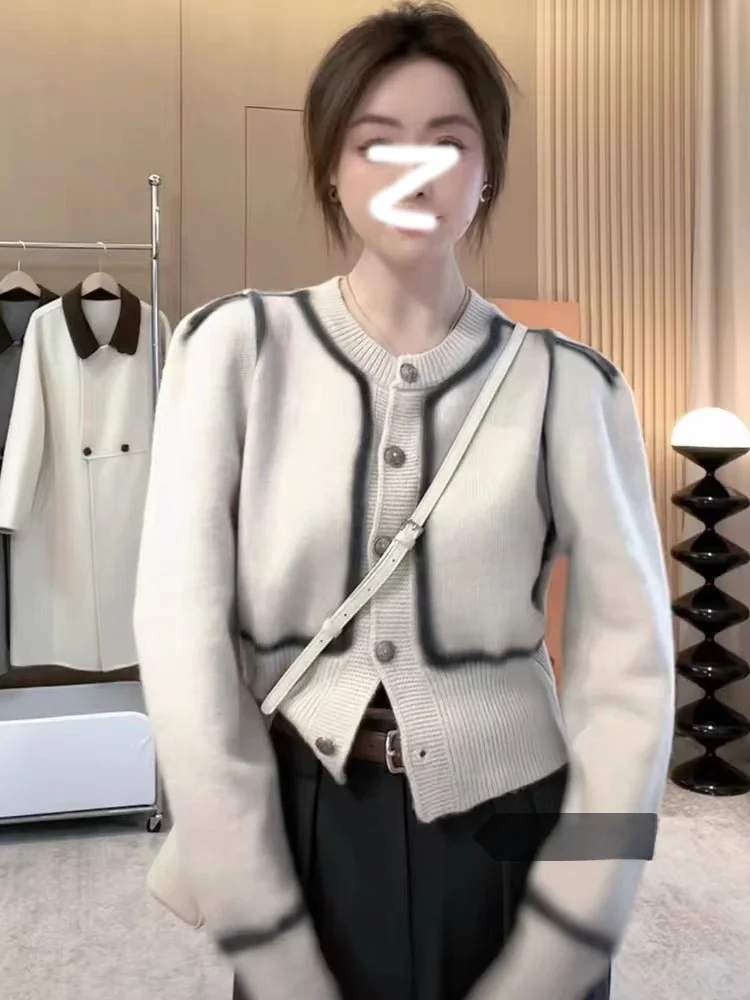 

Ele Long Sve вязаный свитер женский дизайн на пуговицах открытый кардиган Sli корейский Sle Commute Faion Soft Medium