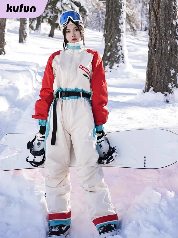 KUFUN ملابس التزلج الزي العام مقاوم للماء بذلة سميكة على الجليد قطعة واحدة يندبروف الثلوج الرياضة فضفاضة الكبار سيدة مراهقة